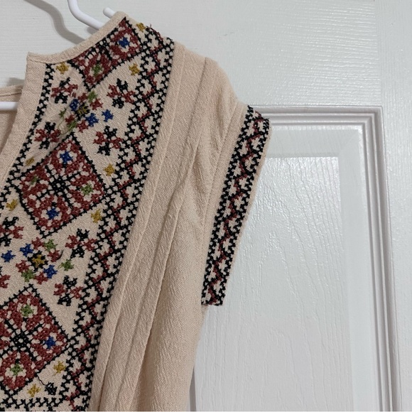 Free People Boho Embroidered Wrap Dress SP Beige Cotton Mini Festival Tie Waist - Picture 5 of 11